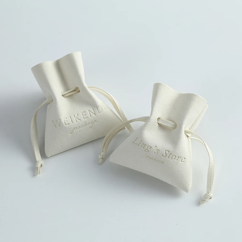 Personalized Logo Beige Microfiber Jewelry Organizer Bag Drawstring Necklace Earrings Rings Storage Pouch Chic Wedding Favor Bag