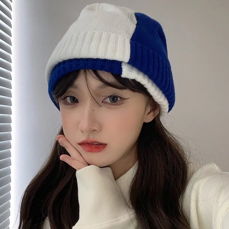 

Японская шерстяная шапка для женщин, зимняя вязаная шапка синего и белого цвета, теплая и холодная мужская повседневная шапка
