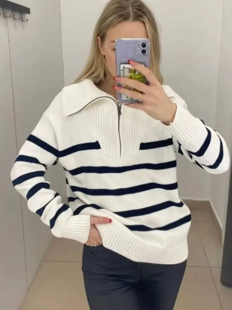 

Women's Striped Casual Knitted Sweater Autumn Patchwork Zip Polo Collar Knit Sweaters 2023 Winter Girl College Style Outerwear