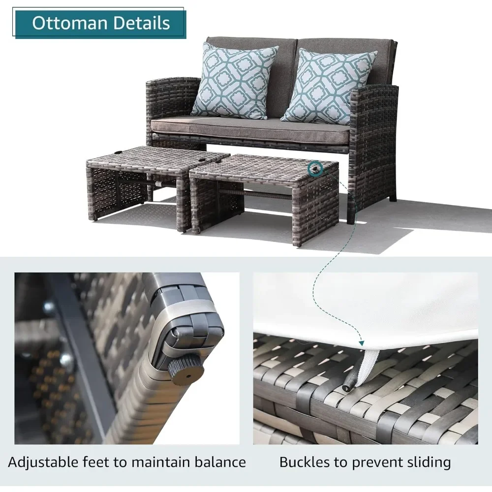 Уличная двухместная мебель для патио набор бесед из ротанга с пуфиком белыми