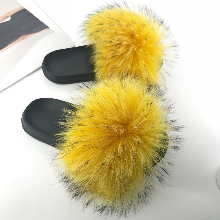 

Luxury Fur Slippers Women Shoes Raccoon Raccoon Fox Fur Slippers Women's European Fur Slides
