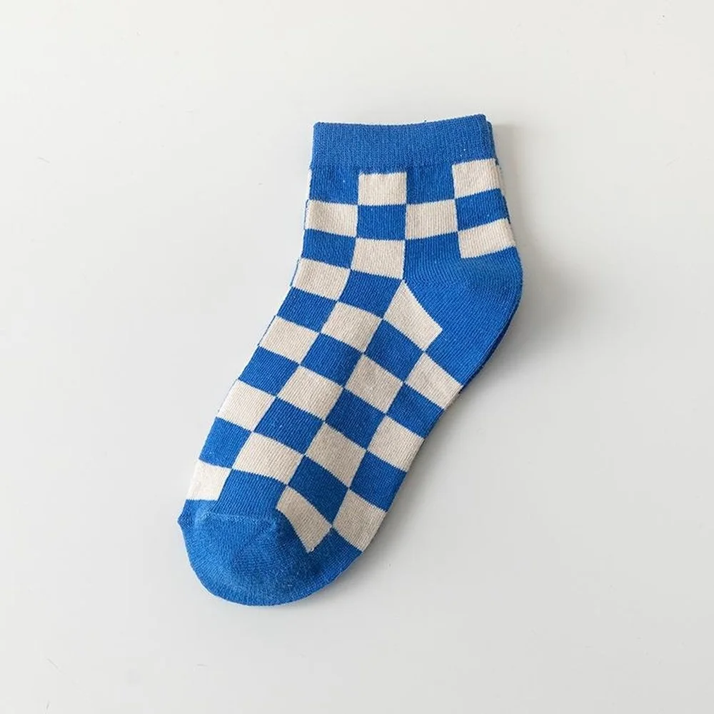 6 Pairs New Hot Fashion Klein Blue Women Socks Shallow Mouth Thin Sweat-absorbing Breathable Japanese Plaid Casual Cotton Socks