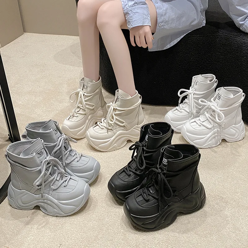 

High Top Women's Sneakers Thick-soled Ins Trend Autumn Winter Round Head Casual Sports Shoes 8cm Platform Lace-up Female Shoes