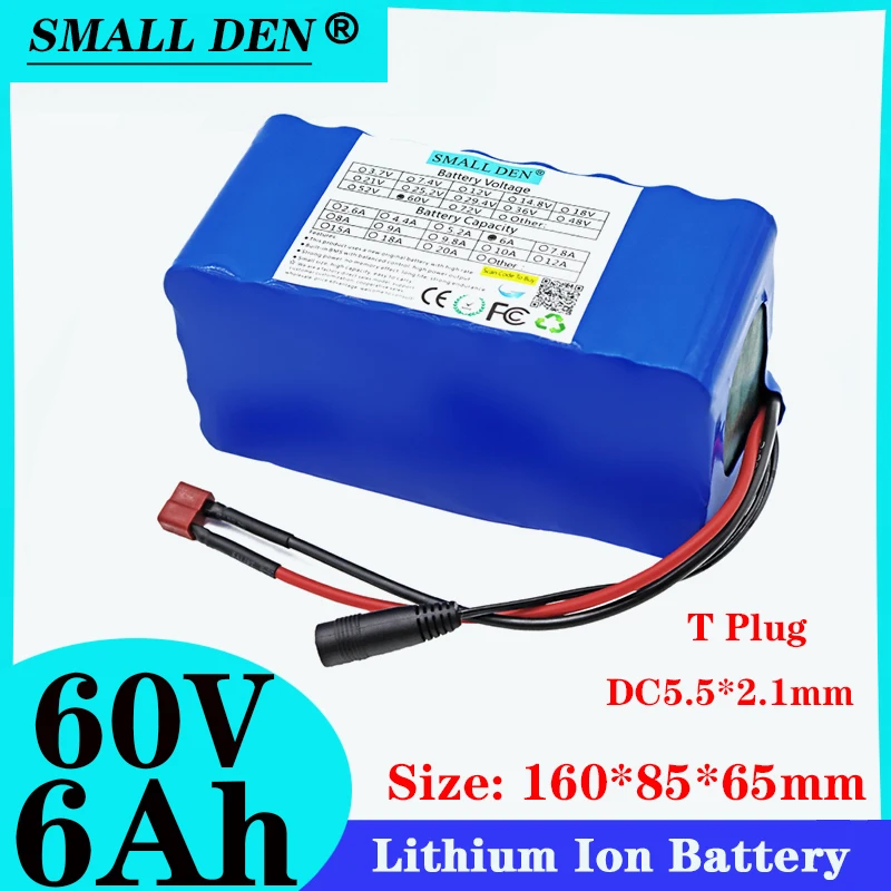 

60V 6.0Ah 16S2P 18650 lithium battery pack T-plug 67.2V 6000mAh electric bicycle scooter with 20A BMS discharge 1000 watts