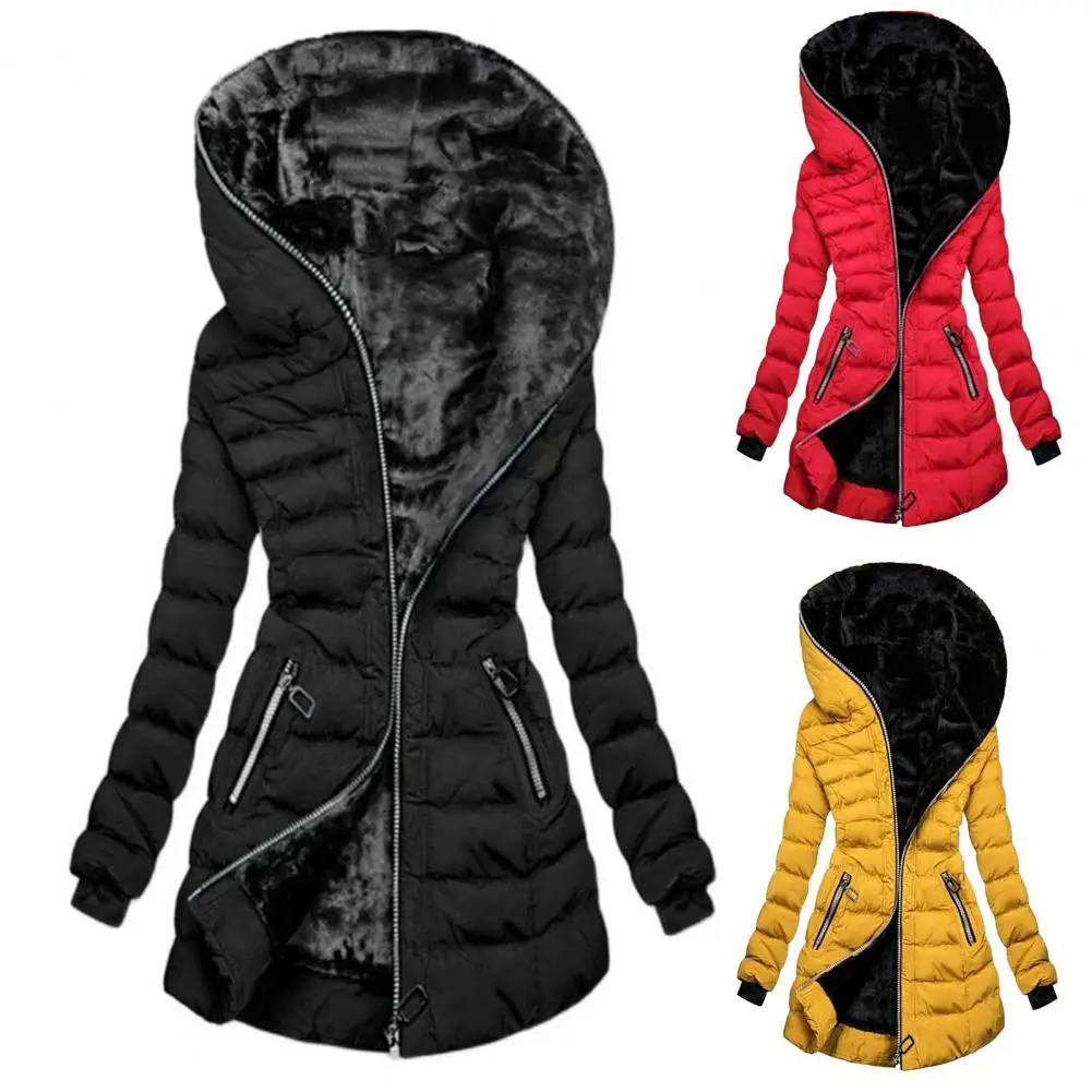 

All Match Great Leisure Hooded Winter Coat Slim Waist Lady Coat Zip-up Pockets for Daily Wear