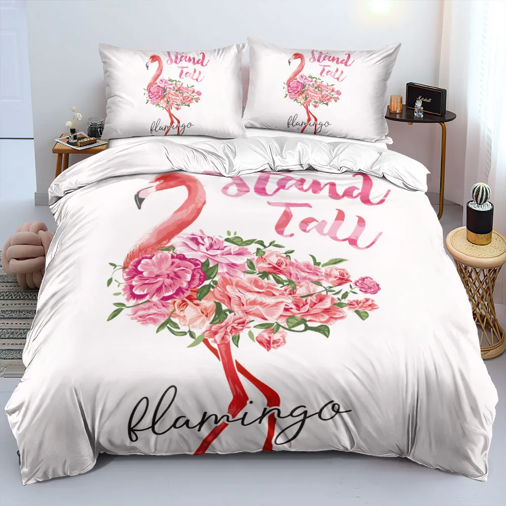 

High Quality White Duvet Cover Set Pink Flamingo Quilt Cover With Pillowcases Retain Softness Bed Set Single Double Queen King