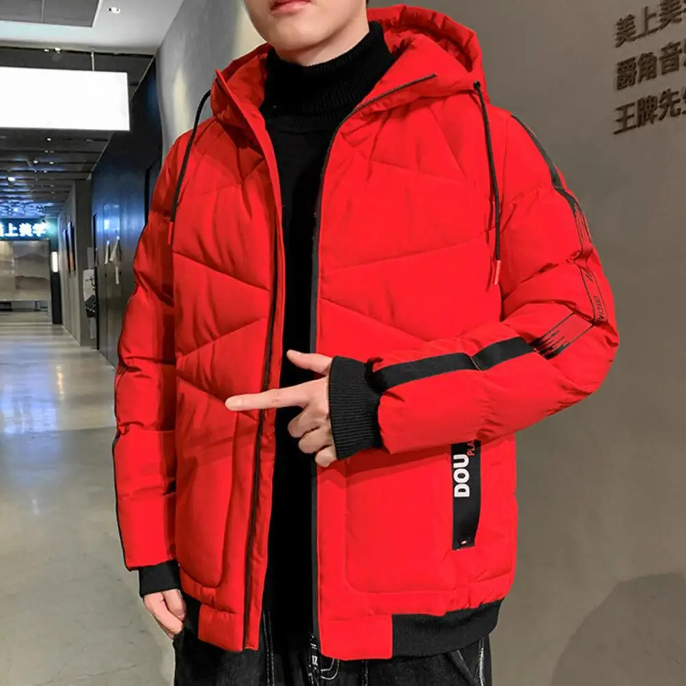 Stylish Men Jacket Zipper Thicken Cotton Padded Fluffy Filling Outerwear  Korean Style Men Hooded Coat for School