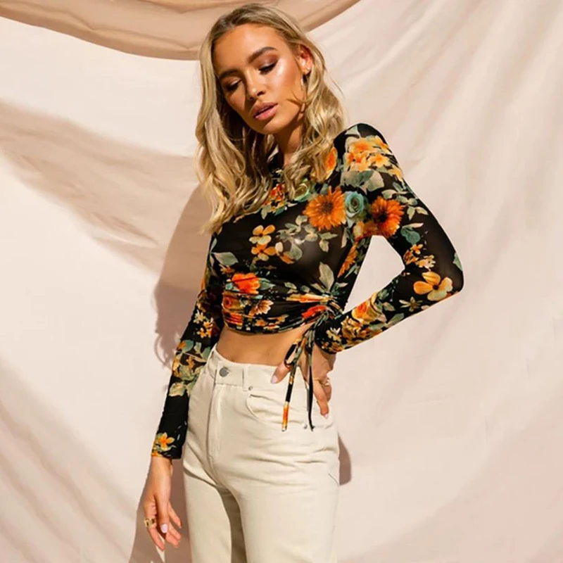 New Women Floral Print Shirts Female Vintage Slim Shirring Long Sleeve Shirt Women Casual All-match Top Retro Round Neck Tees XL