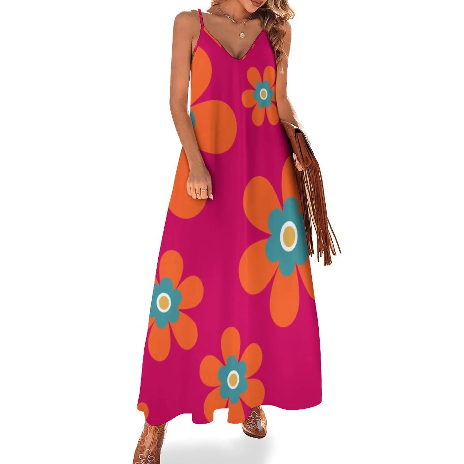 Милый красочный Осенний цветок в стиле ретро 70-х яркий оранжевый и ярко-розовый