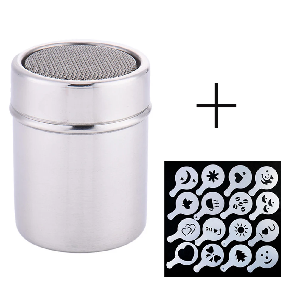 

Cocoa Flour Duster + 16pcs Fancy Coffee Printing Model Chocolate Powder Shaker Matcha Powder Sifter Coffee Stencils Template