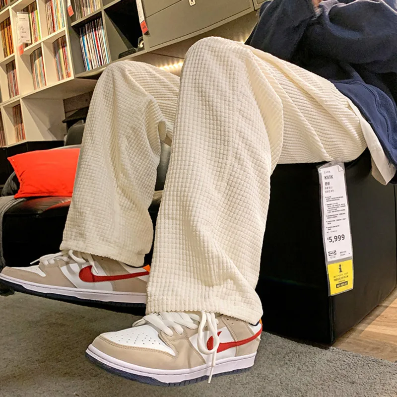 

NoEstaMal Korean New Men Casual Wide Leg Pants 2022 Solid Color Waffle Streetwear Man Oversized Pants Elastic Waits Male Trouser