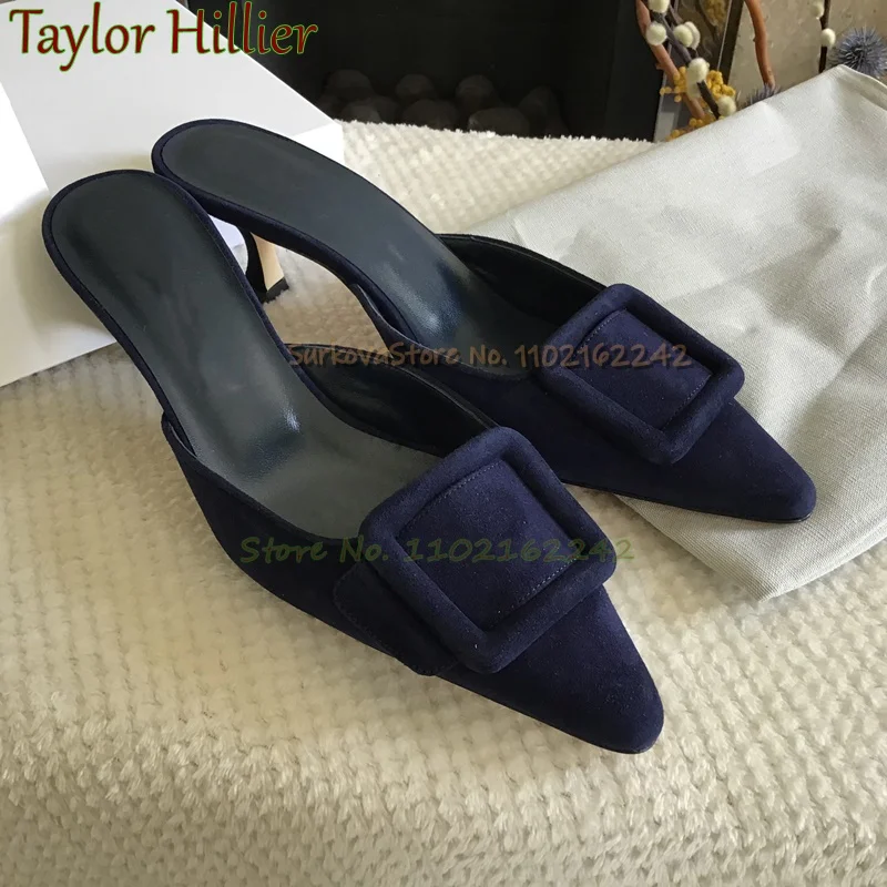 Замшевые тапочки на низком каблуке в стиле ретро неглубокие сандалии с острым