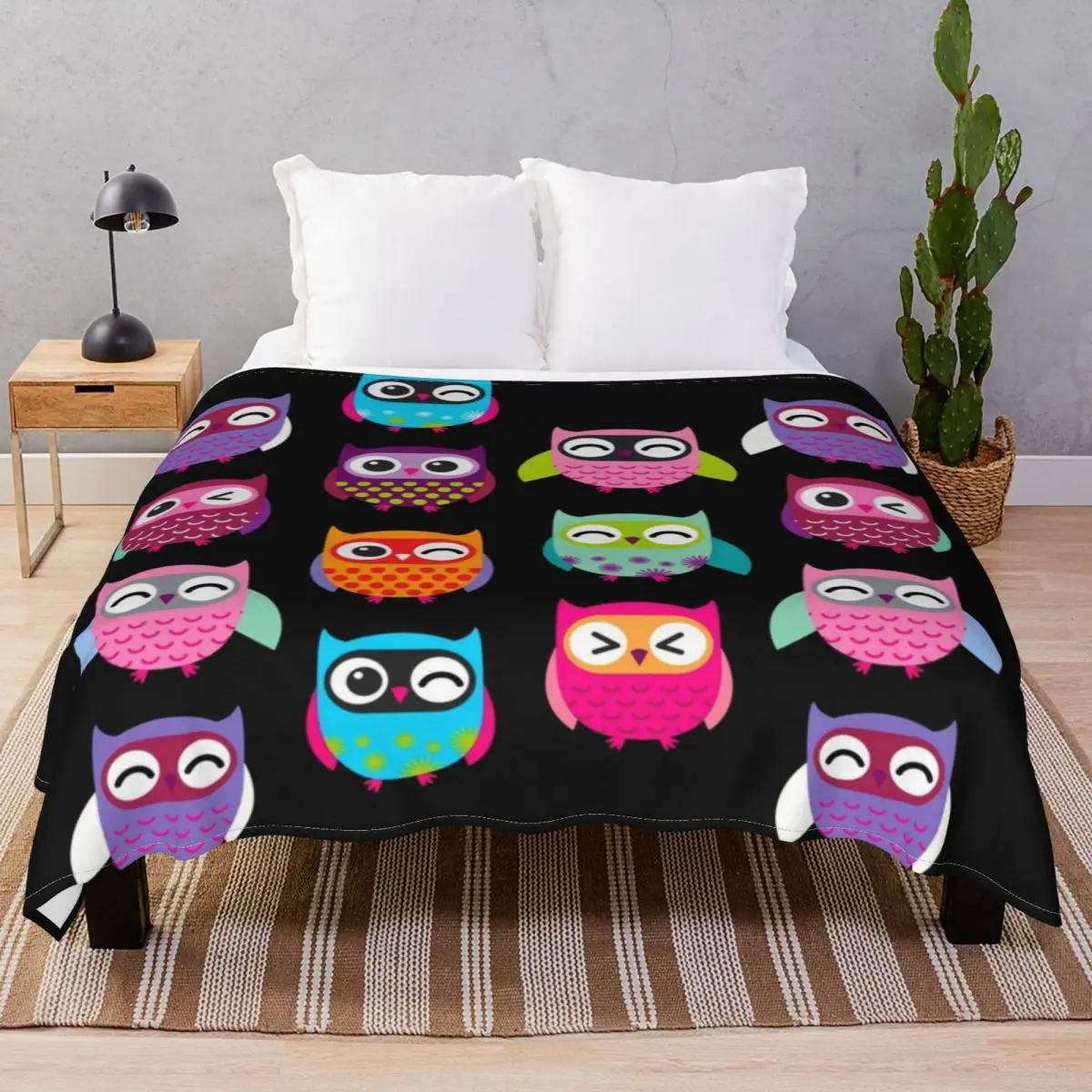 Cute Colorful Owls Blankets Flannel Spring/Autumn Multifunction Throw Blanket for Bedding Home Couch Travel Office