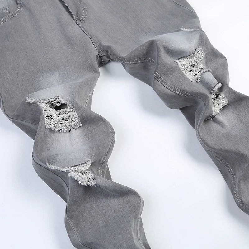 Fall Fashion Skinny Jeans Classic Grey Knee Hole Stretch Pencil Pants Daily Social Casual Jogging Jeans Masculina  Streetwear