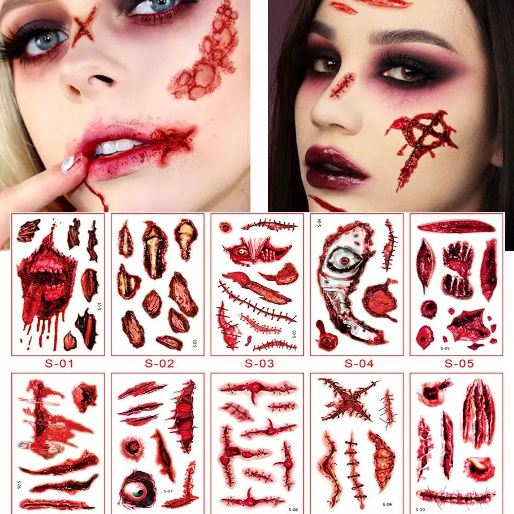 

10PCS Halloween Bloody Wound Tattoo Stickers Scary Waterproof Temporary Tattoo Knife Scar Fake Tattoo Party Scratches Stickers