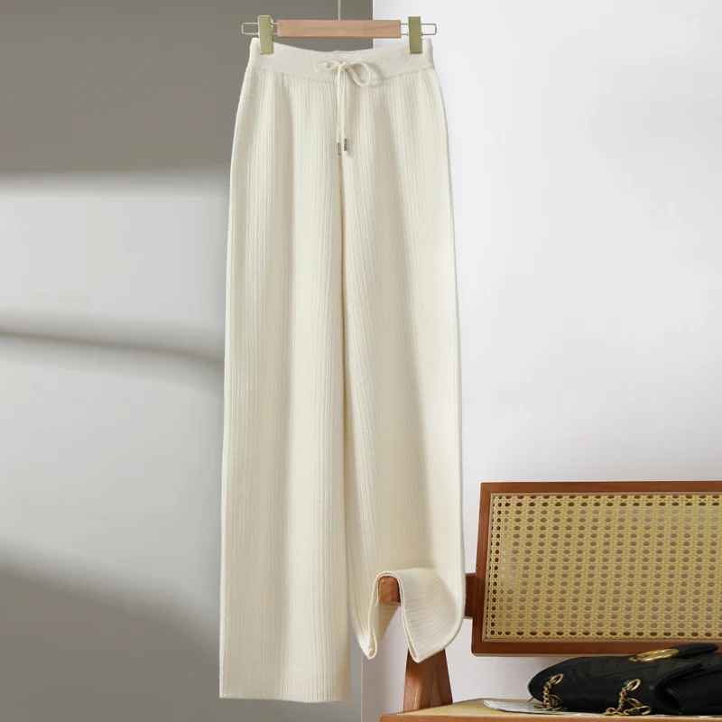 Relaxed 100% Cashmere Wool Women's Wide Leg Pants Long Knitted Solid Wool Women's Wide Leg Pants Warm and Comfortable Hot New