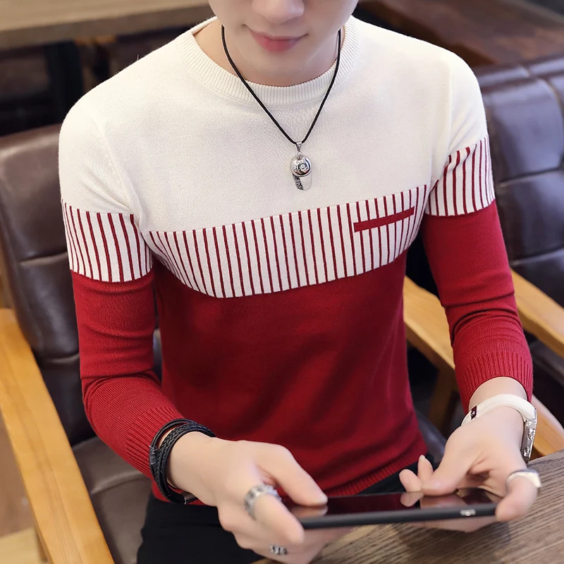 Men's Sweaters Autumn Fashion Casual Strip Color Block Knitwear Pullover Sweater Cotton Long Sleeve men Clothing pull homme 2021