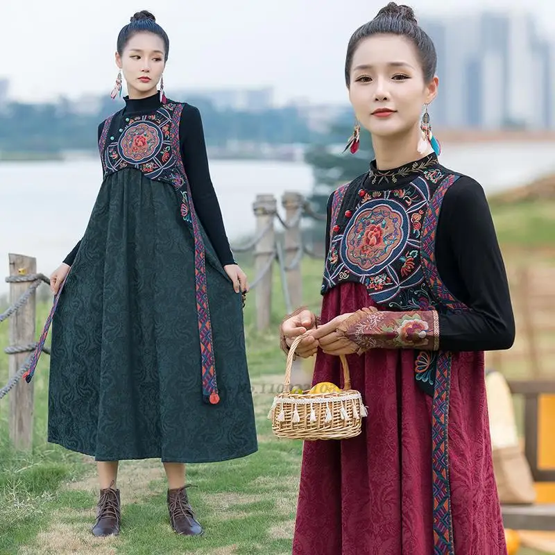 2023 chinese vintage dress traditional qipao woman elegant flower embroidery sleeveless dress female national folk dance dress