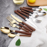 5pcs wooden tableware for kitchen cutlery set stainless steel dinnerware sets glossy wood western food knife fork teaspoon