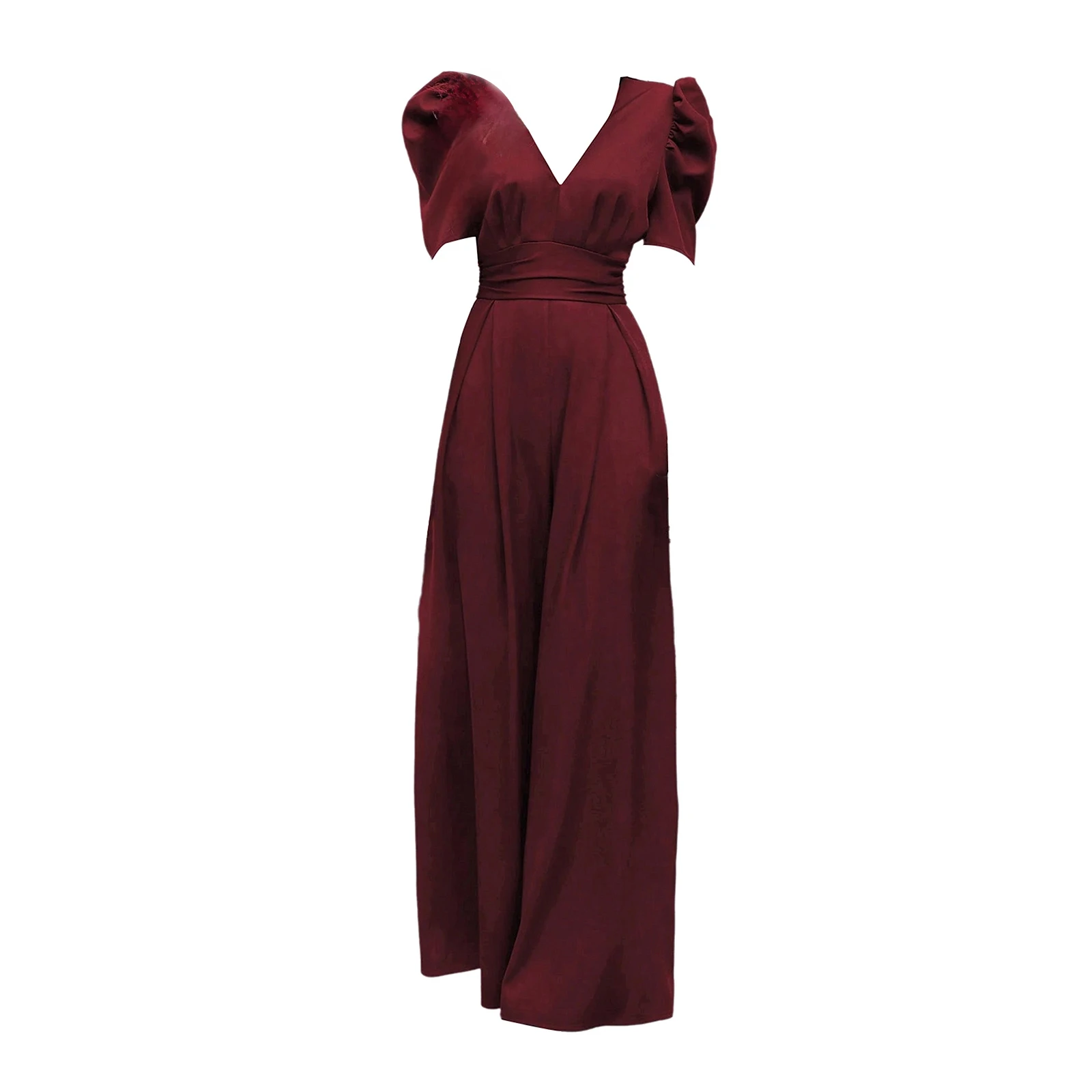 Женский однотонный комбинезон с V-образным вырезом рукавами-фонариками и рюшами