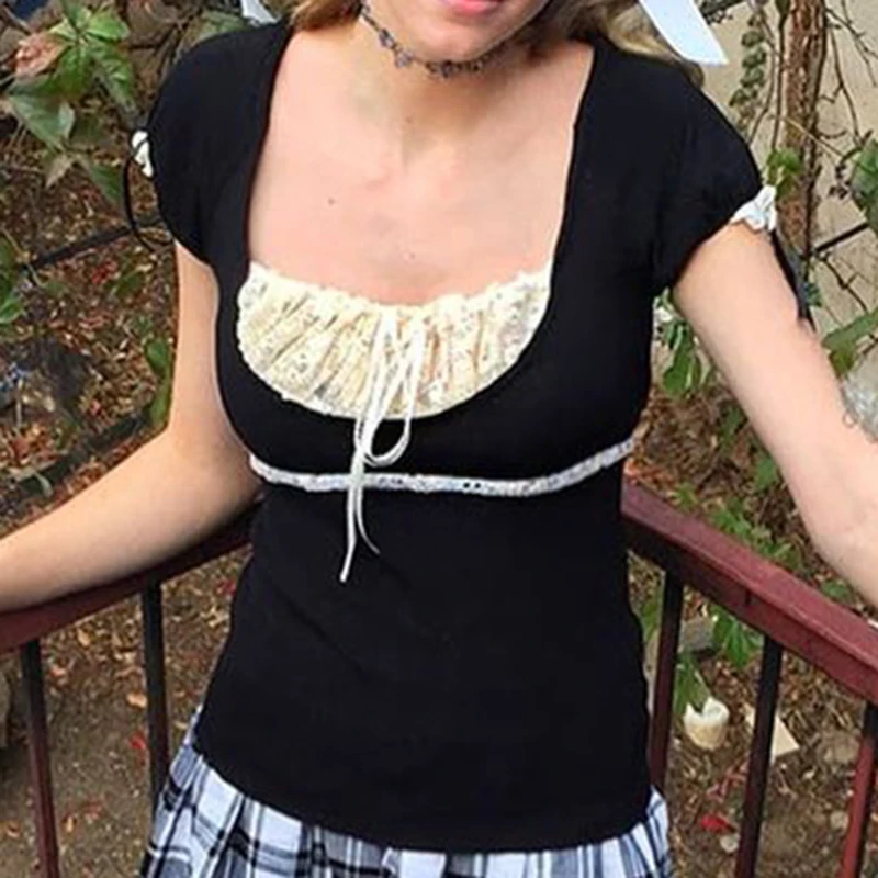 

Милая Кружевная футболка в стиле пэчворк с коротким рукавом Фея гранж Y2K футболка с квадратным воротником с завязкой в стиле 1920-х годов винтажная женская летняя модель