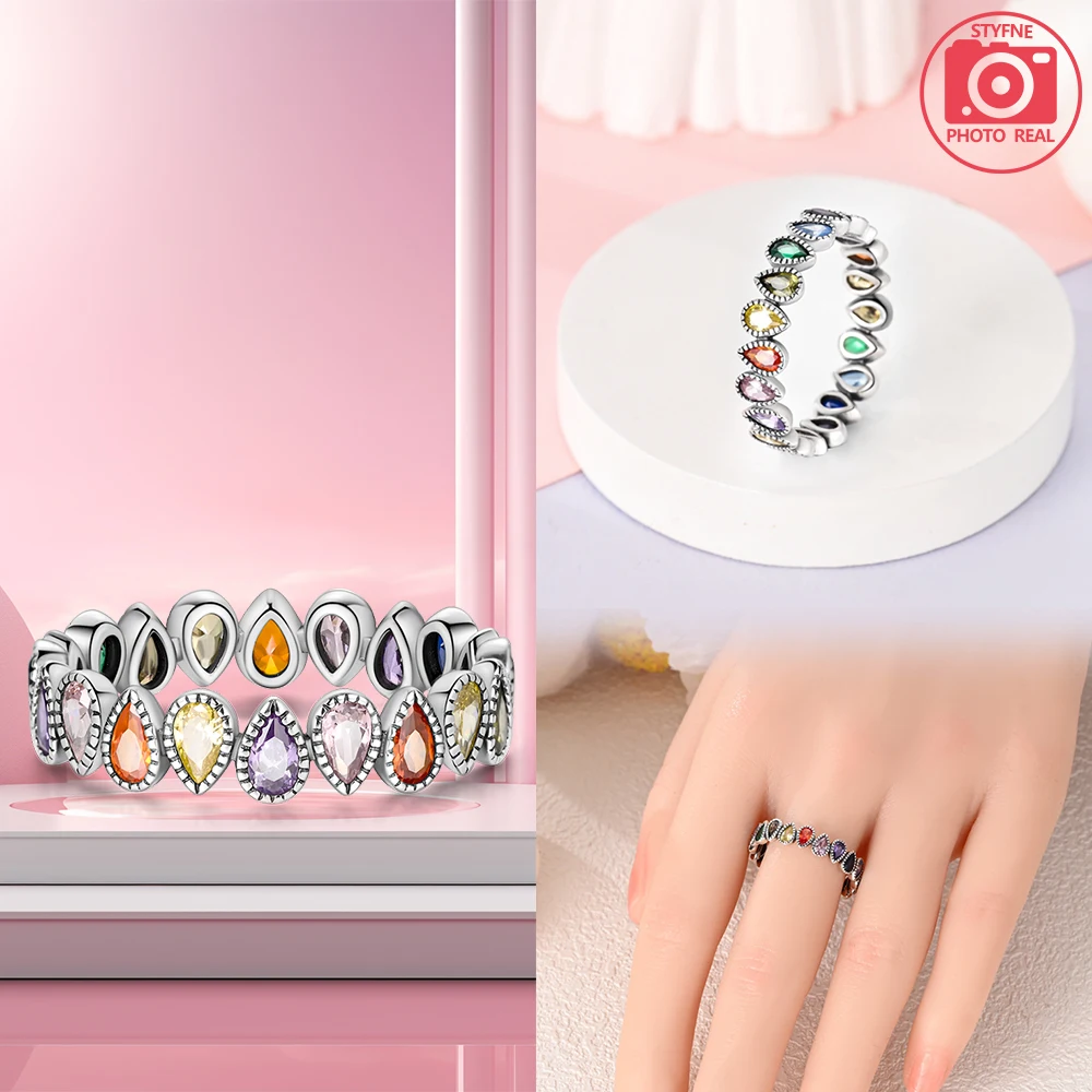 Кольцо из стерлингового серебра 925 пробы радужные капли циркониевое кольцо для