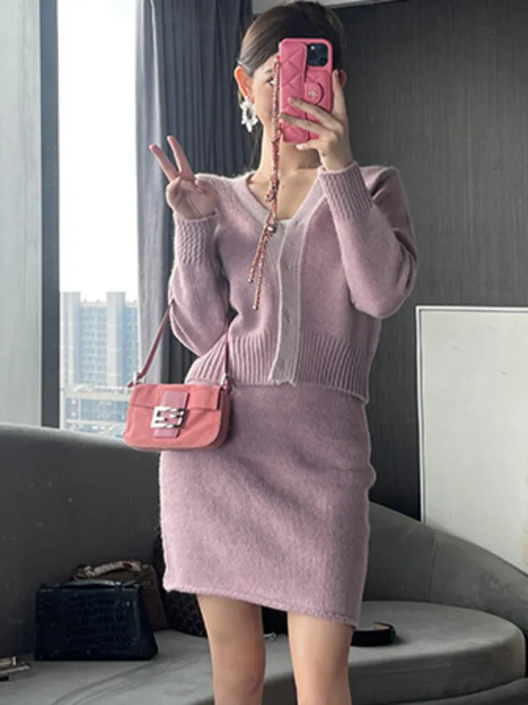 

Fall Winter Small Fragrance Knitted Two Piece Set Women Sweater Cardigan Coat & Skirt Sets Korean Fashion Sweet 2 Piece Suits