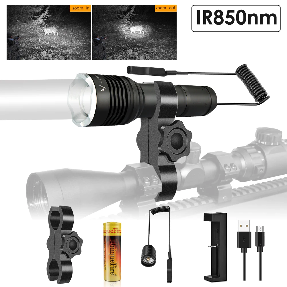 UniqueFire 1506 IR 850nm LED Flashlight Full Set Night Vision Protable Infrared Light 3 Modes Adjustable Foucs Torch for Hunting