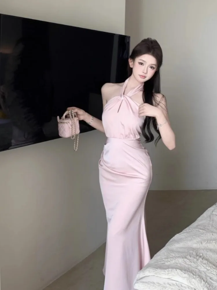 Ezgaga темпераментные платья женские атласные без рукавов с лямкой на шее