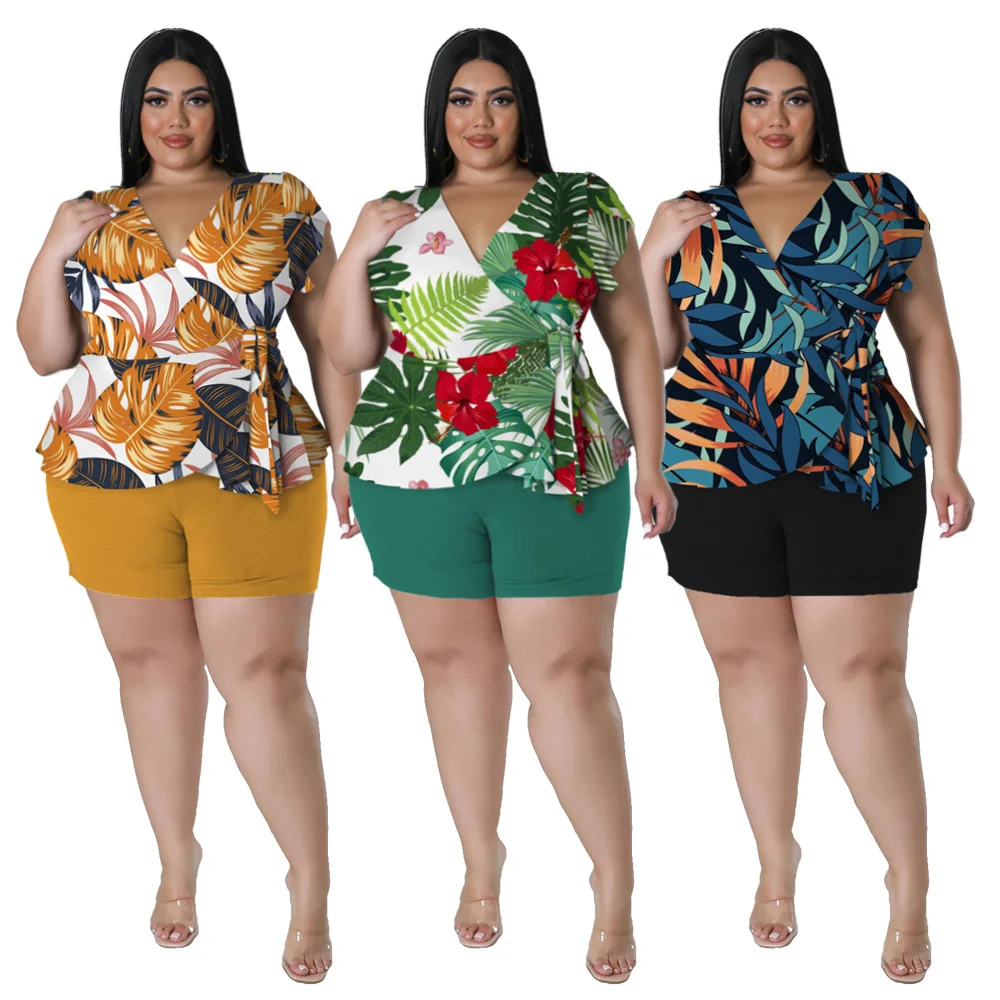 Plus Size Summer Big Size Ladies Casual Printing Two-piece Set Bohemia Style Short Sleeves t Shirt and Shorts 3xl 4xl 5xl 6xl