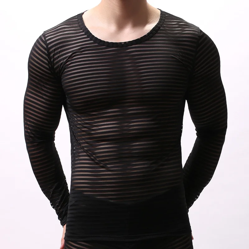 Sexy Mens Undershirts Long Sleeve T-Shirts Transparent Mesh Sleepwear See Through Nightwear Striped Tops Tees Sexy Underwear Tee