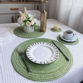 Nordic Style Cotton Yarn Dinner Placemat Round Ramie Woven Cup Mat Heat Insulation Plate Mat Anti-scald Non-Slip Coaster Cup Mat