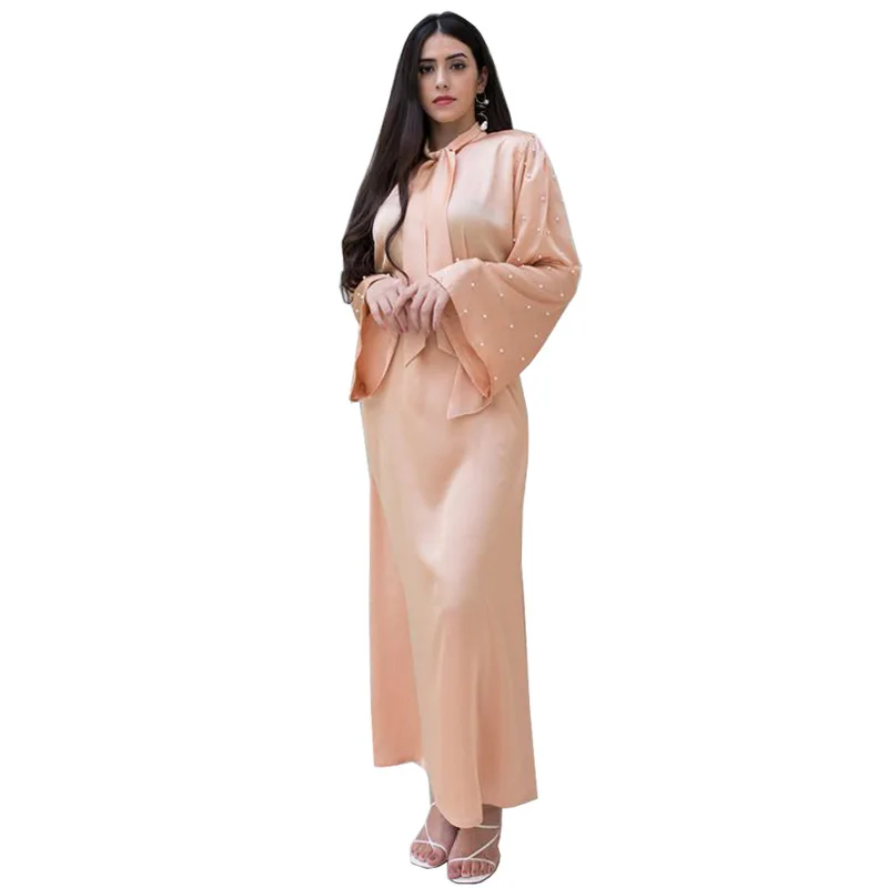 

Ab067 2023 New European and American Middle East Dubai Women's Satin Bubble Beads Long Sleeve Bow Tie Dress Muslim Muslim
