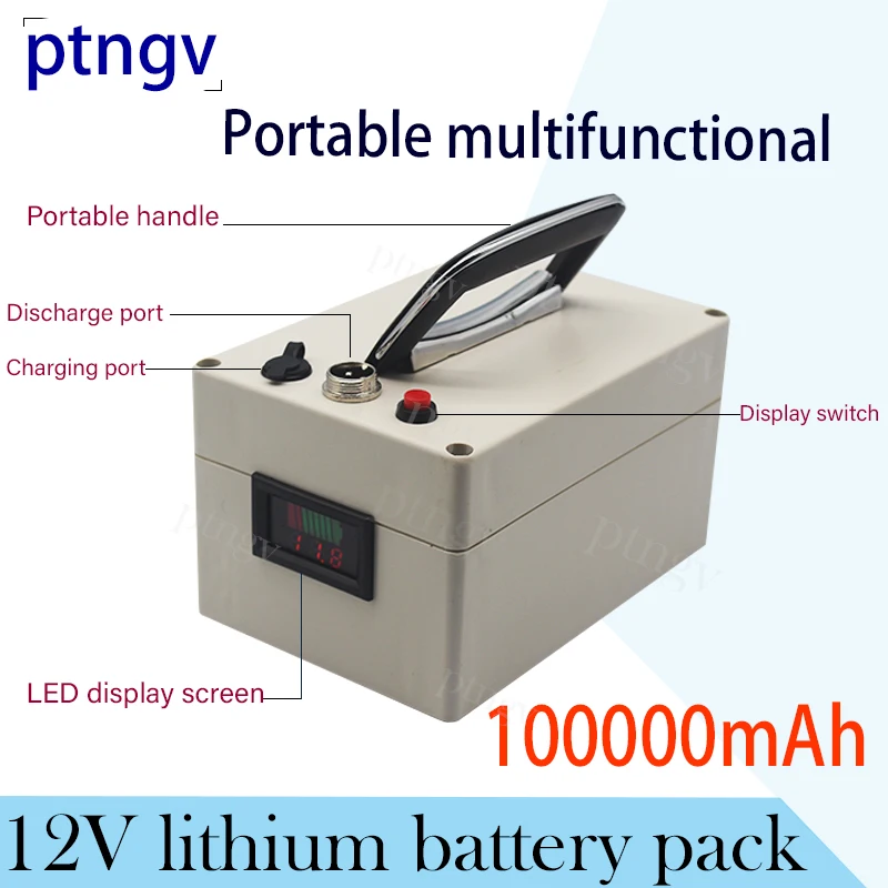 

New12V Draagbare Multifunctionele 10AH 12V 18650 Lithium Batterij Met 100000Mah Scherm, Outdoor Stroomverbruik
