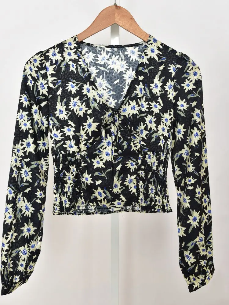 

Женская плиссированная рубашка с V-образным вырезом, длинным рукавом и цветочным принтом