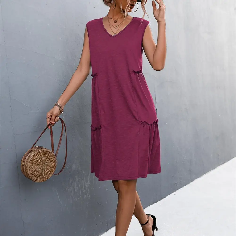 

Women Casual Dress V-neck Sleeveless Side Ruffle Stitching Dress Solid Color Short Sleeve Lady Vest Dress Female Clothes