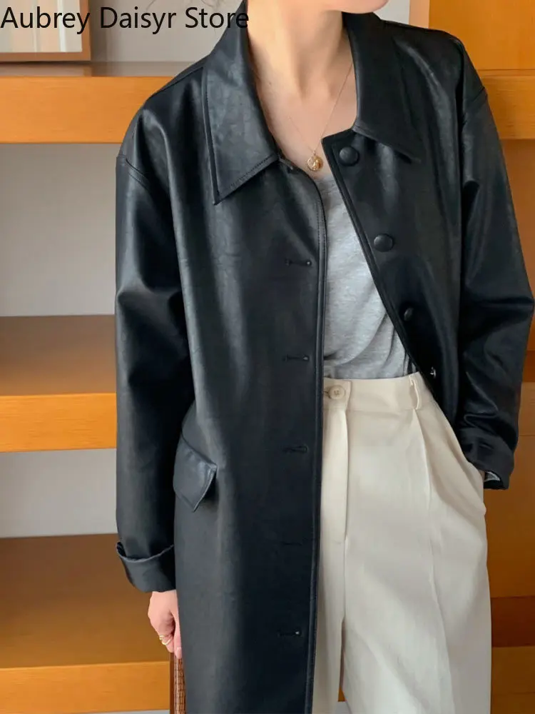 Korean Long Black Leather Moto Jacket Women Streetwear Fashion Female Loose Leather Suit Blazers Casual Vintage Winter Coat 2022