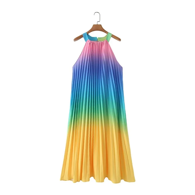 

Summer Rainbow Sleeveless Halter Long Loose Beach Dress