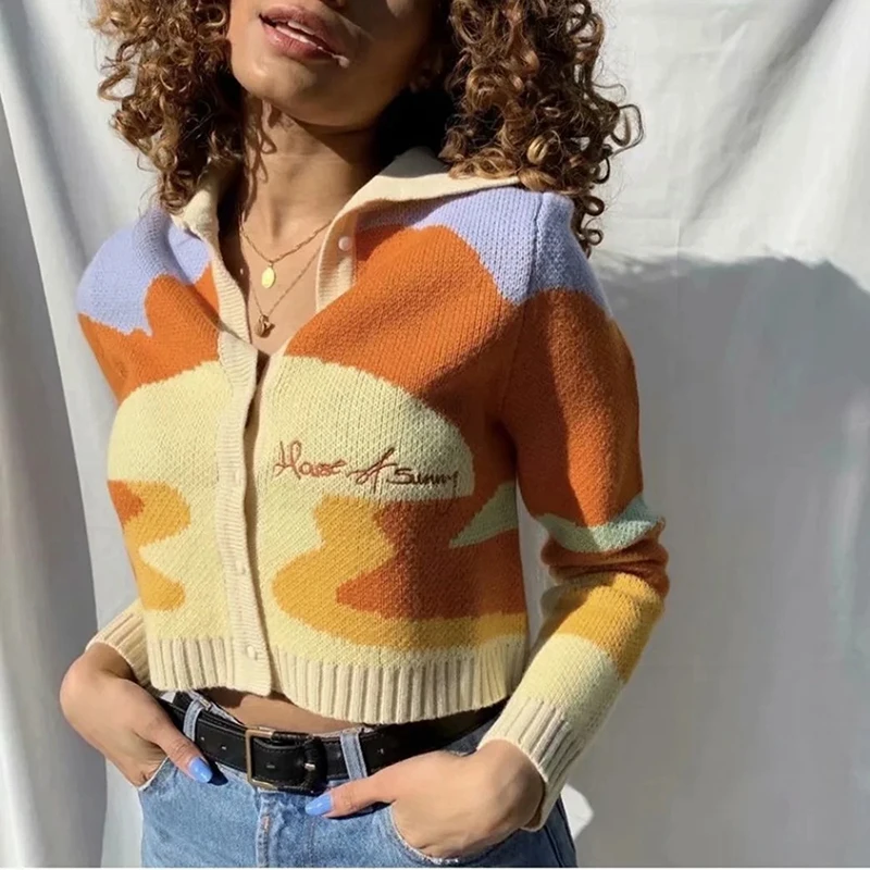 

Femme Floral Print Short Knitted Sweater Women Autumn Chic House Lady Of Fashion Sunny Single Breasted Loose Cardigans