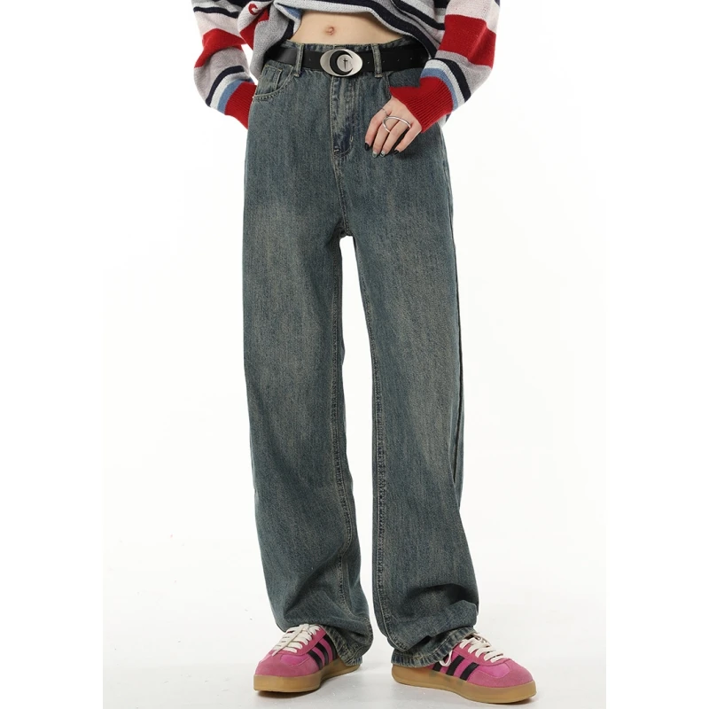 

Синие женские джинсы с высокой талией, американская мода, винтажная уличная одежда, джинсы с широкими штанинами, женские брюки, мешковатые п...