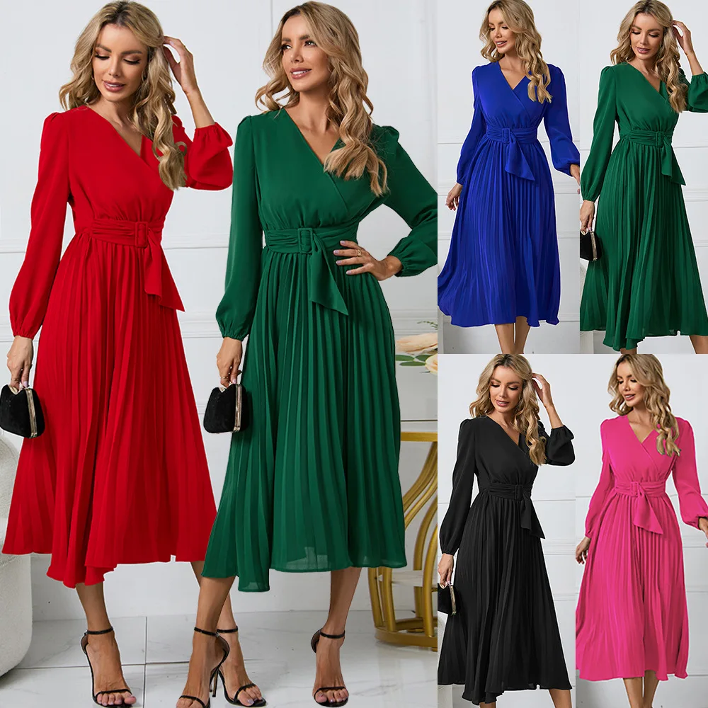 Spring And Summer European And American Women's New Long Sleeve Slim Fit Pleated Belt V-neck Dress A-line Dress