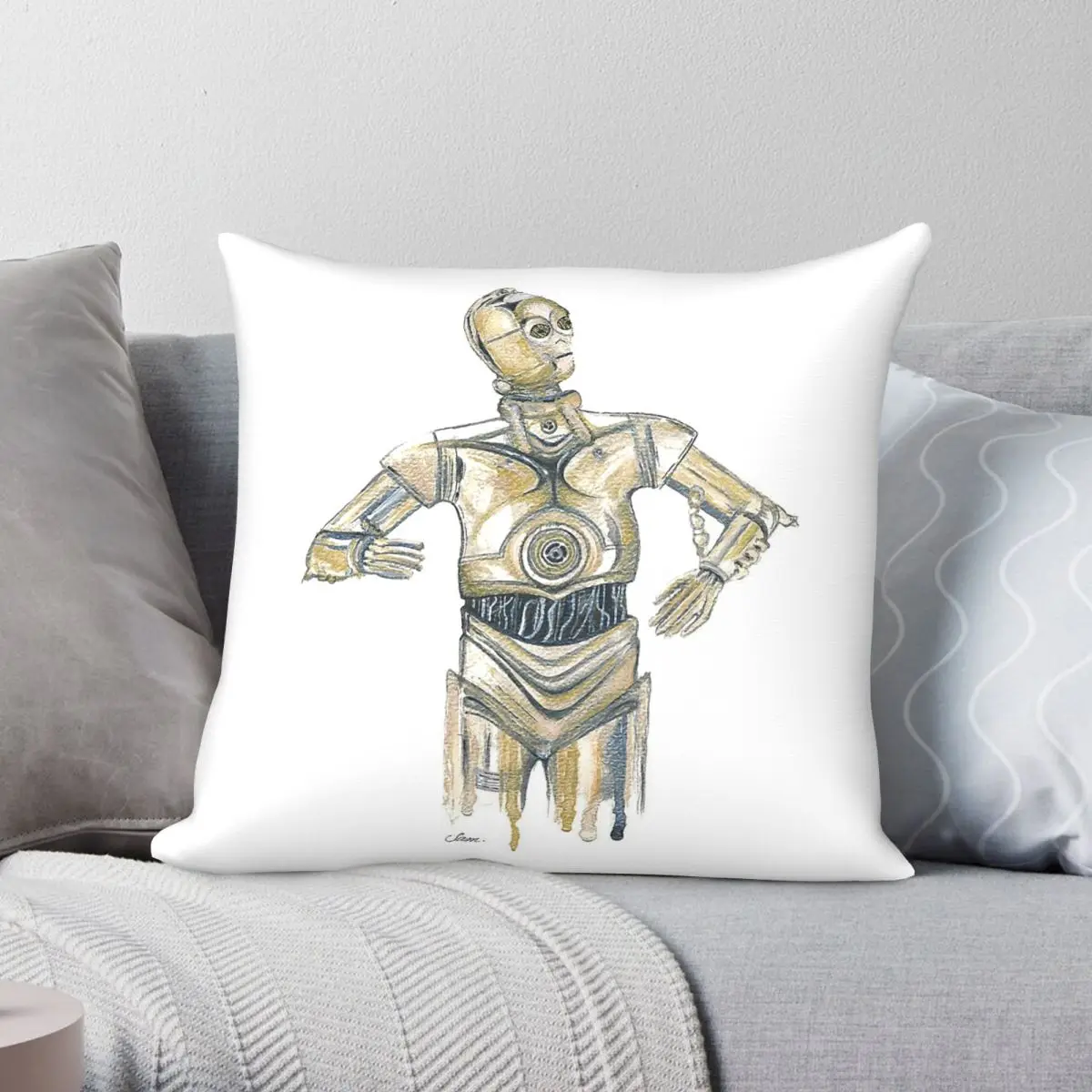 Фото Наволочка C3PO Watercolor Nostalgic Droid квадратная, из полиэстера, льна и бархата, с узором, на молнии, для дивана/кресла №1