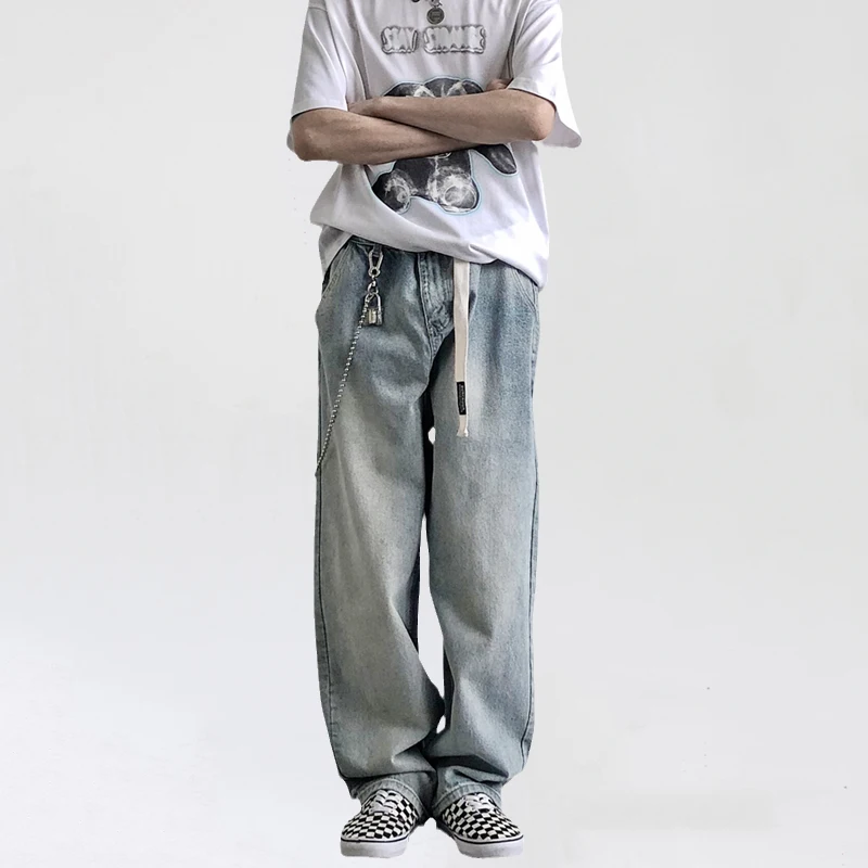 

Four Seasons Men's Loose Jeans Light Color Straight Wash Retro Trend Straight Wide Leg Trousers Fashion Street Men Ins Hot Sale