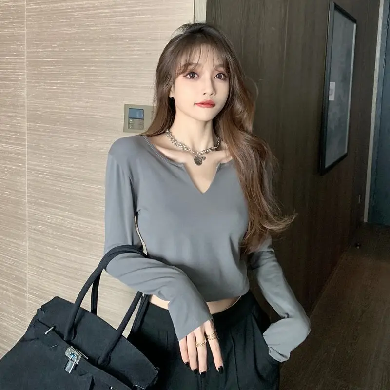 

2023 Slim Black Tshirts Sexy Clothes V Neck Female Tops Crop Plain Women's T Shirts Wholesale Old Y2k Japanese Streetwear O Tees