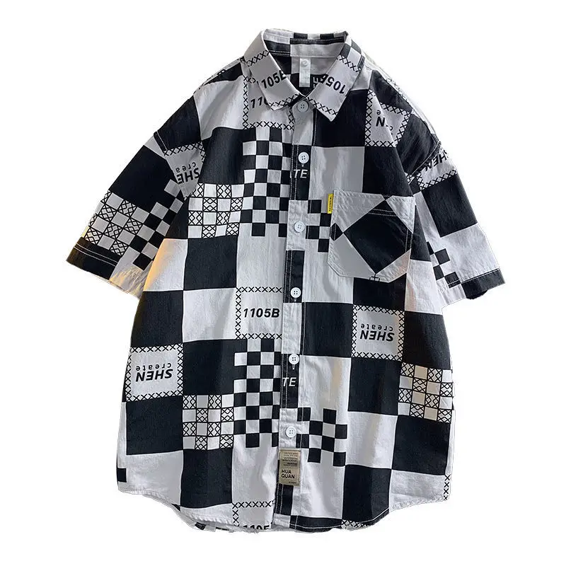 Мужская винтажная рубашка на пуговицах, черная или белая блузка большого размера, хлопковый топ в стиле хип-хоп, Размер 2XL, Летний сезон