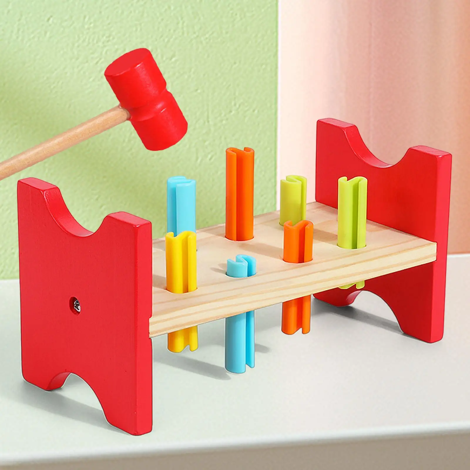 

Pounding Bench Wood Toy with Mallet Montessori Fine Motor Skills Pounding Pegs Toy for Birthday Gift Kids Party Favor Preschool