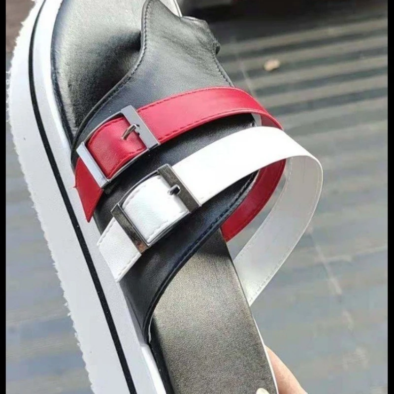 Summer New Thick Sole Women's Sandals Clip Toe Belt Buckle Elevated Soft Sole One Line Beach Shoes Large Solid Platform Slippers