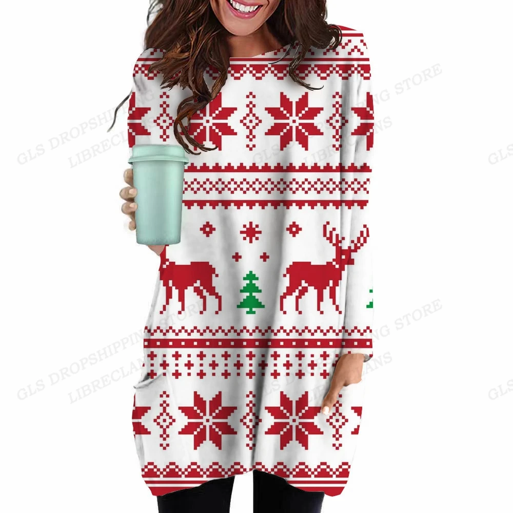 

Merry Christmas Hoodies Women Fashion Long Hoodie Snowflake Print Sweats Women Coats Long Sleeve Clothes Reindeer Sweats O-Neck