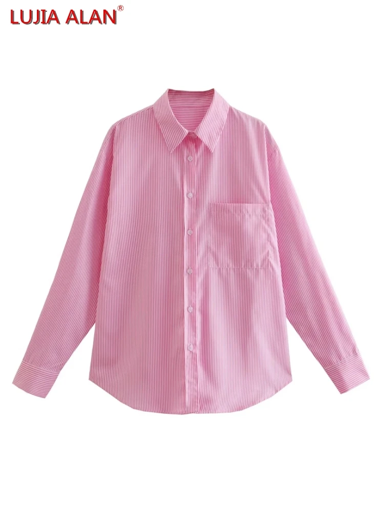 

Pink Striped Single Pocket Women Shirt Autumn Female Long Sleeve Blouse Loose Tops Blusas Casual Streetwear LUJIA ALAN B589