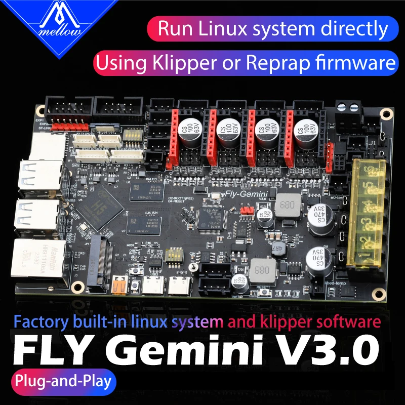 

Mellow 64bit FLY-Gemini V3 Board Dual Chips Klipper & Reprap & Marlin For TMC2209 Ender 3 Voron 0 Delta Tiny-M 3D Printer Parts